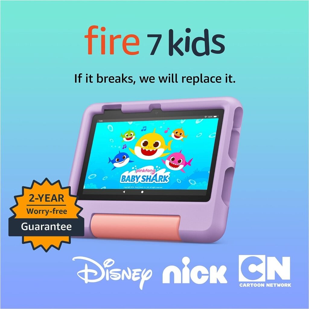 Amazon Fire 7 Kids tablet, ages 3-7. Top-selling 7 kids tablet on Amazon - 2022. Set time limits, age filters, educational goals, and more with parental controls, 16 GB, Purple