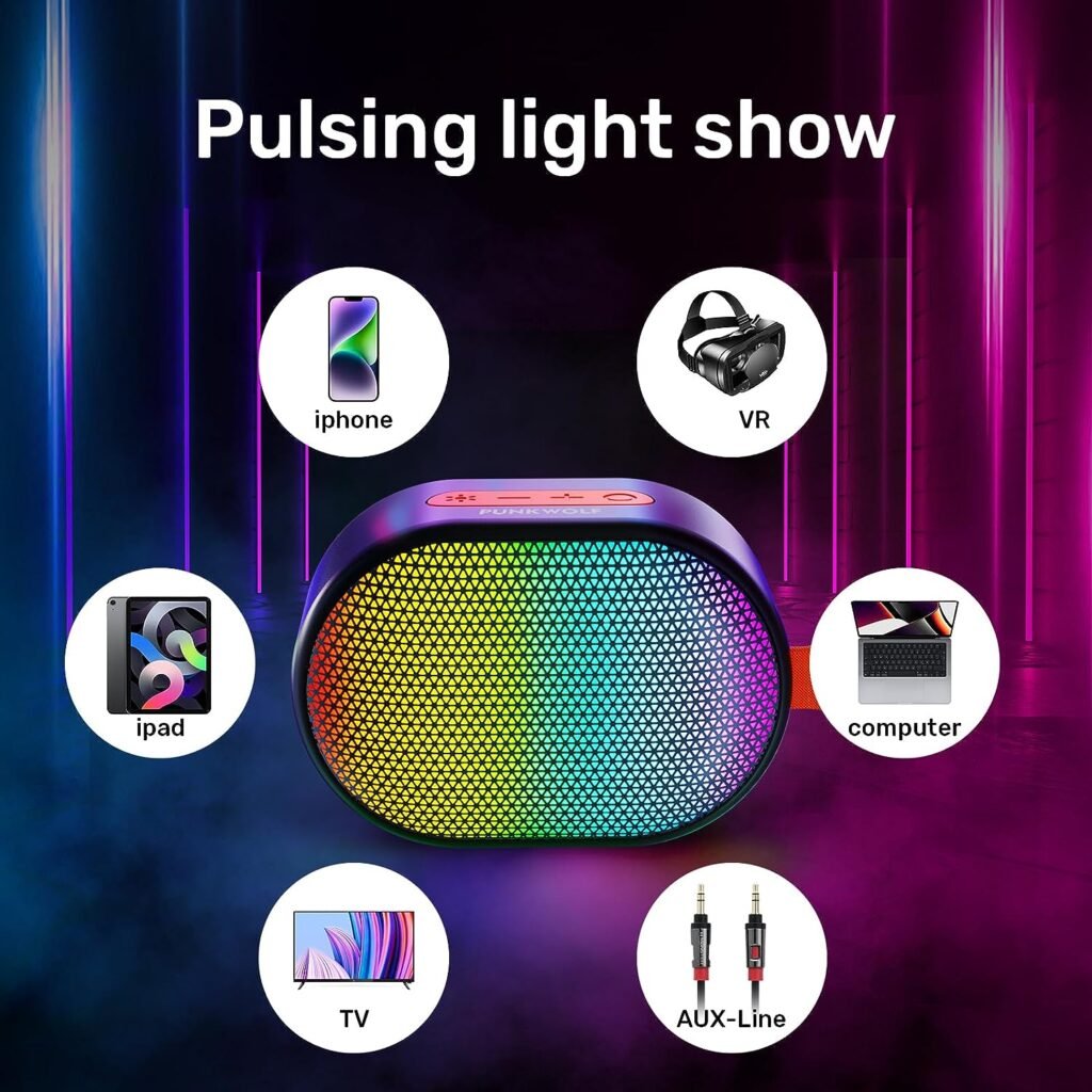 PUNKWOLF Bluetooth Speakers, Wireless Portable Speaker with RGB Lights, Compact Size, Dual Pairing, HD Sound, TWS, Waterproof, Suitable for Mobile Phones, Tablets and Laptops